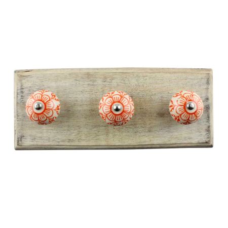 Orange Zinnia Flower Ceramic Wooden Hook 